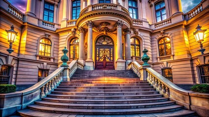 Fototapeta premium Panoramic View of Building Entrance with Grand Staircase