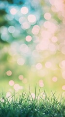 Obraz premium Peaceful green field with bokeh effect showcasing vibrant natural colors and tranquility in warm sunlight