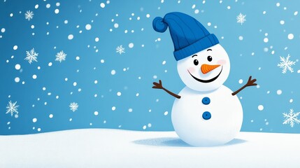 Fototapeta premium Happy Snowman in Winter Wonderland - Cheerful snowman, winter snow, blue hat, joyful expression, festive season. Symbolizing winter joy, holiday spirit, childhood fun, seasonal celebration, happiness.