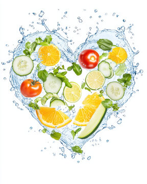 Fresh vegetables and fruits create heart shape in water splash