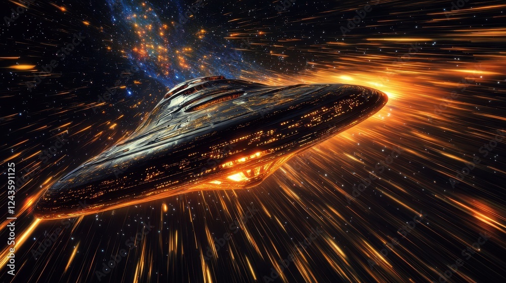 Poster mysterious spaceship traversing through a vibrant cosmic landscape filled with stars and colorful ne