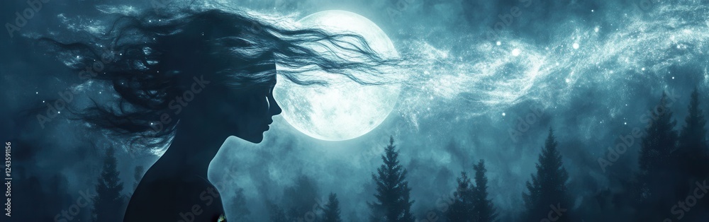 Poster mystical visualization of a woman's profile against a full moon with swirling cosmic elements in a d