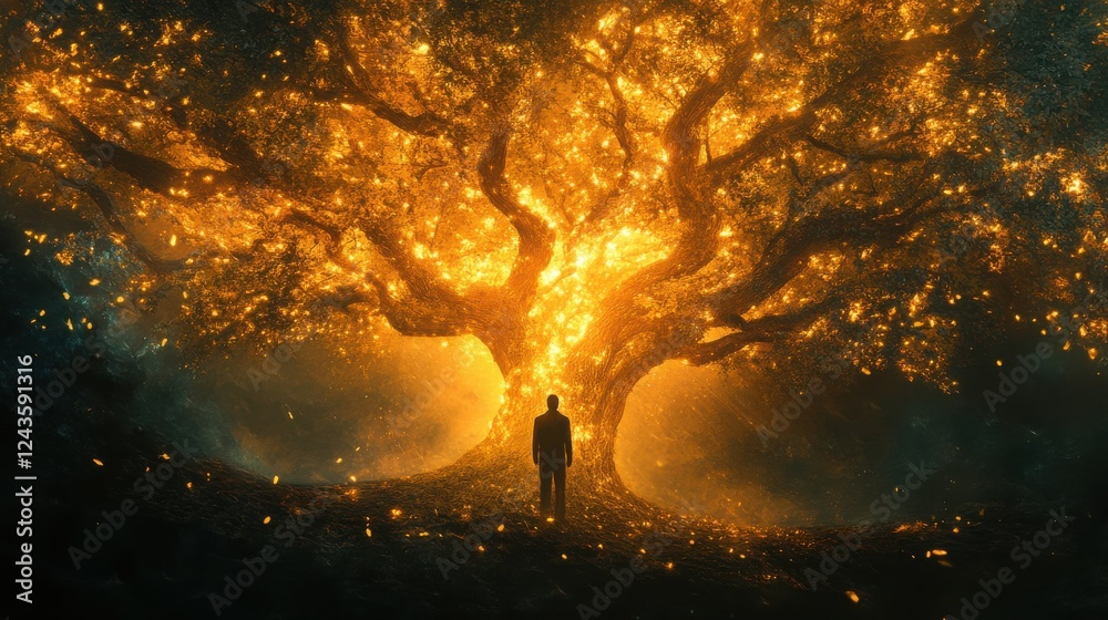 Aufkleber mystical silhouette of a man standing before a glowing tree in an enchanting forest at twilight
