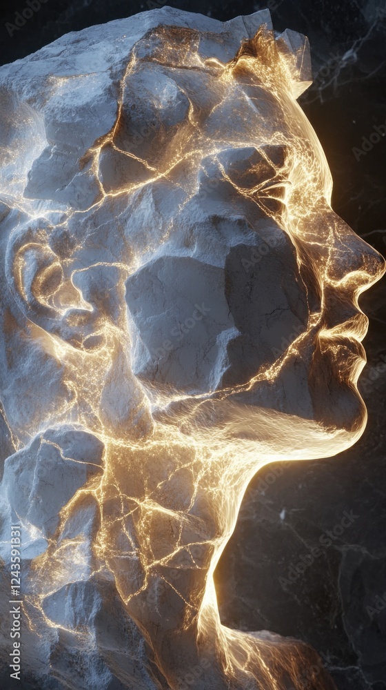Fototapete Mystical visualization of a sculptor creating an ethereal face from stone with glowing details at dusk