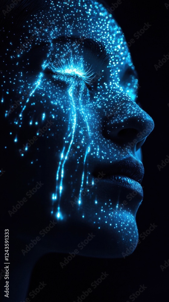 Poster Mystical representation of a dissolving face with vibrant blue light and sparkling details in a dark environment