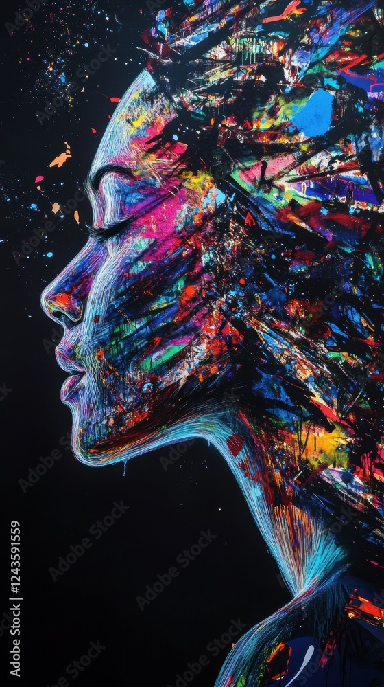 Aufkleber mystical profile of a woman surrounded by vibrant colors and cosmic elements in an imaginative art d