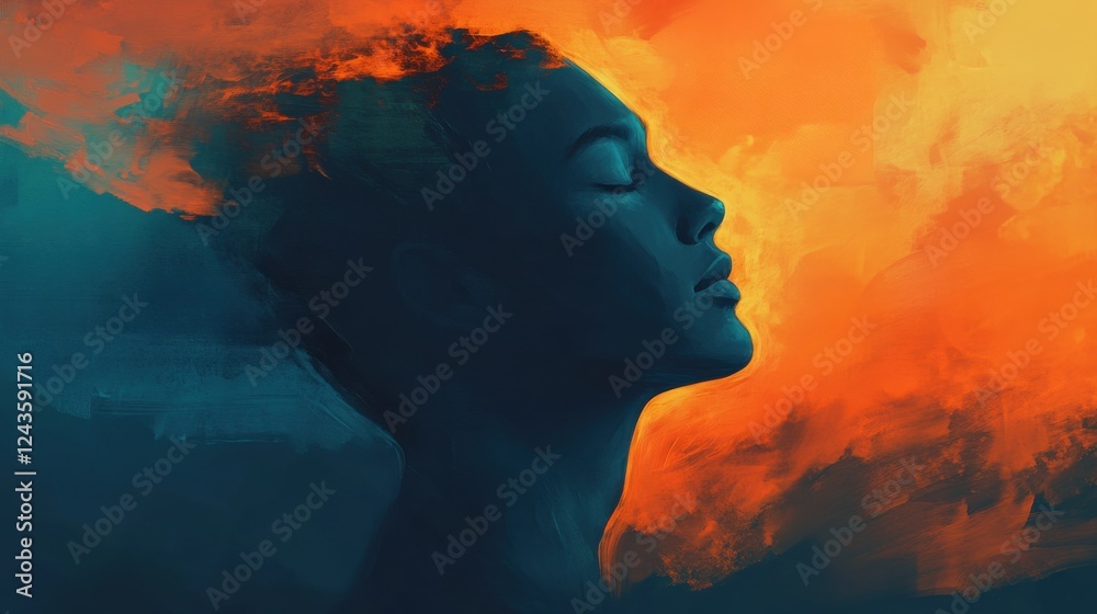Poster mystical profile filled with vibrant colors illustrating inner thoughts and emotions in abstract art