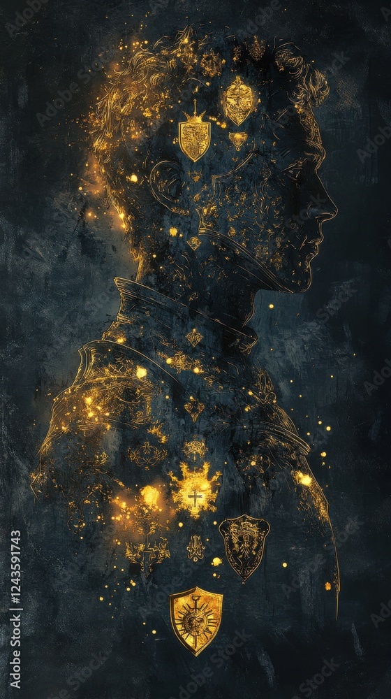 Aufkleber Mystical profile of a man filled with golden symbols and shields representing history and valor