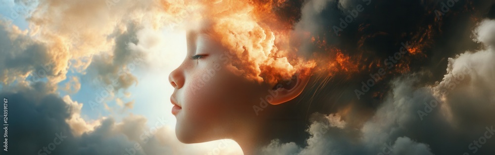 Aufkleber mystical child face with a cloud-filled imagination during twilight