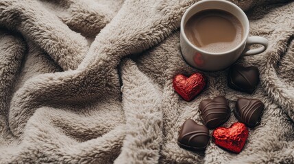 Self Valentine Concept, Cozy Self-Care Setting with Hot Cocoa and Heart-Shaped Chocolates on Warm Blanket