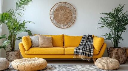 Stylish modern living room with yellow sofa, plaid throw, and simple decor, accented by natural elements, creating a comfortable, modern vibe