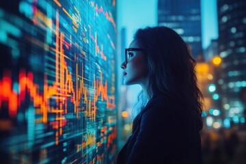 Woman analyzing a wall of data visualizations in a modern office environment