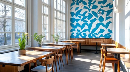 Obraz premium Hostel Dining Room With Bold Teal Wallpaper - Bright, airy hostel dining area. Features wooden tables, chairs, large windows, and a striking teal and white patterned wall. Modern, welcoming