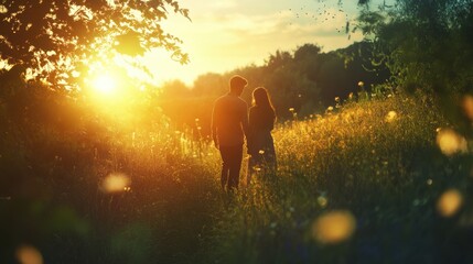 Fototapeta premium Magical engagement shoot captures love during golden hour in a serene outdoor setting