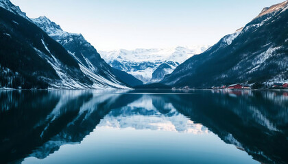 Fototapeta premium Serene Lake with Reflections of Snow-Capped Mountains