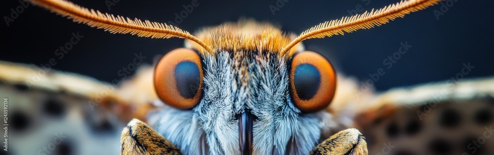Poster close-up view of a moths face highlighting its intricate features and vibrant coloration