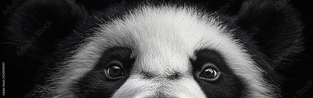 Poster close-up of a panda's face highlighting intricate fur patterns and expressive eyes in natural habita
