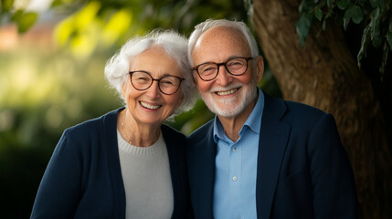 Fototapeta premium joyful elderly couple smiling together in natural setting, showcasing love and companionship.