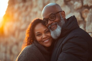 Fototapeta premium An Afro-American couple in their 70s enjoys each other's company at ancient stone ruins, bathed in the warm light of the setting sun, embodying timelessness
