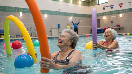 Elderly women enjoying aqua aerobics in a swimming pool, active senior lifestyle and wellness