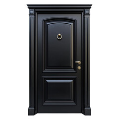 Elegant black door with ornate design and brass handle, perfect for enhancing any entryway