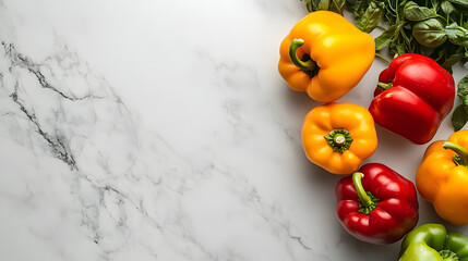 A handful of vibrant, colorful bell peppers arranged neatly on a clean white marble surface, their bright colors standing out against the backdrop.