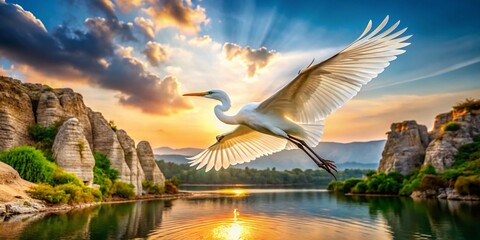 Panoramic View: White Egret in Flight over Serene Lake and Rocky Cliffs