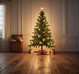 Vintage Christmas tree set up on a wooden floor with glowing lights, warm, celebration, traditional