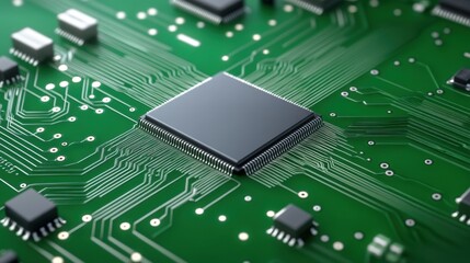 Close-up View of a Microprocessor on a Circuit Board with Detailed Connections and Green Background