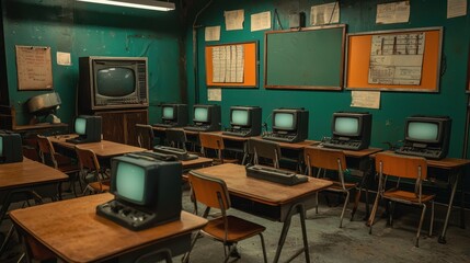 Vintage Classroom with Retro Televisions and Computer Desks