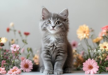 Adorable fluffy gray kitten surrounded by colorful flowers, capturing the essence of nature, joy, and playfulness in a serene setting
