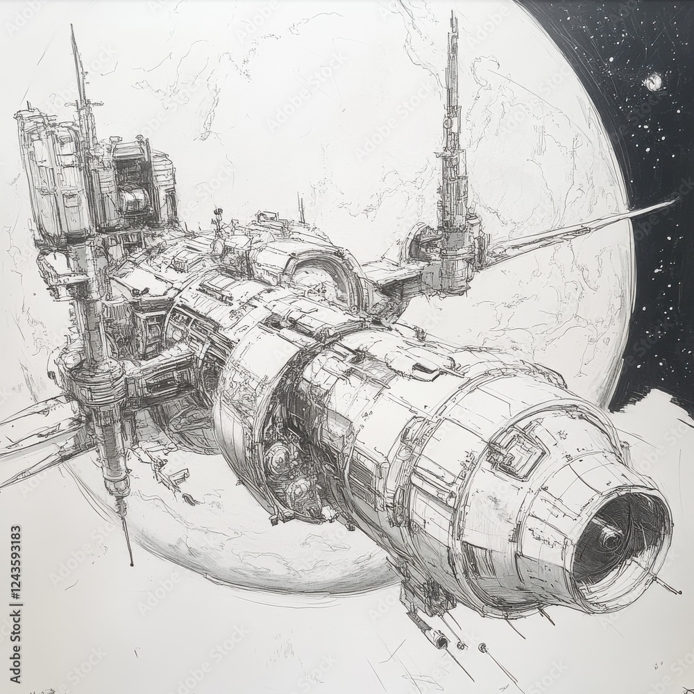Poster Futuristic space station orbits a distant planet in deep space against a backdrop of stars