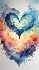 Watercolor Heart with Landscape Scene