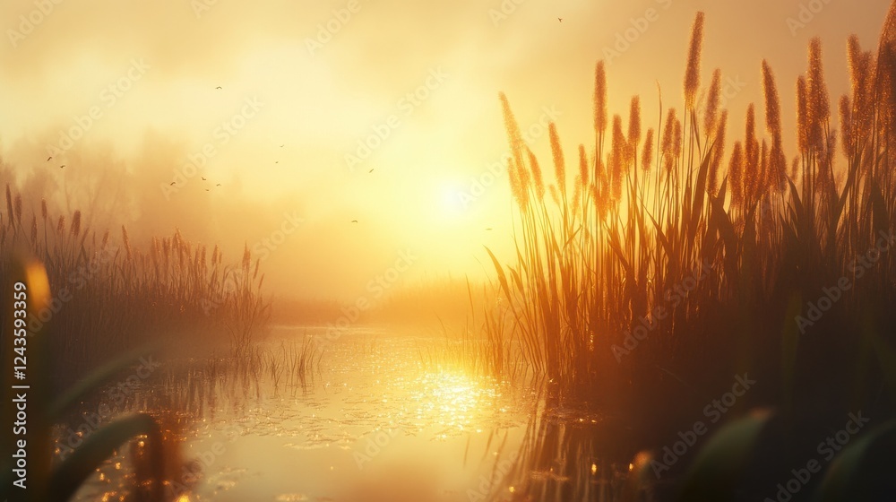 Poster foggy marshland clearing at sunrise with gentle light reflecting on calm water and reeds swaying in 