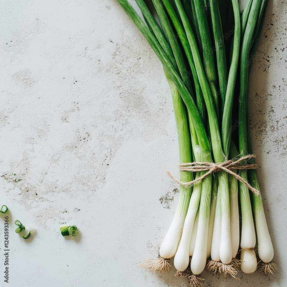 Aufkleber fresh green scallions tied together on a textured surface depicting natural simplicity and culinary 