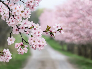 Obraz premium Cherry blossoms line narrow village road, creating serene scene