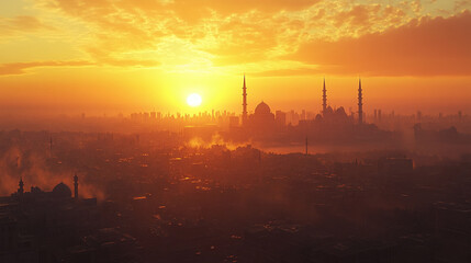 Naklejka premium A serene sunrise over a cityscape, symbolizing the start of Eid Al Adha