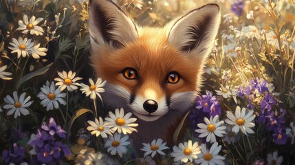 Fototapeta premium Fox cub peeks from flowerbed surrounded by colorful wildflowers in a sunny garden