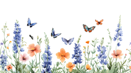watercolor painting of delicate blue and orange flowers with vibrant butterflies flitting around them. The flowers and butterflies are rendered in a gentle, romantic style.