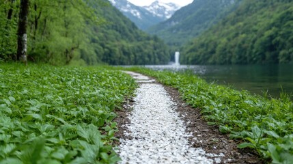 Obraz premium Serene lake path, mountain backdrop, peaceful nature scene, travel poster