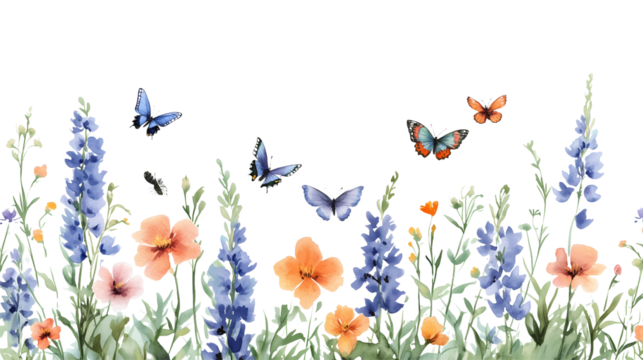 watercolor painting of delicate blue and orange flowers with vibrant butterflies flitting around them. The flowers and butterflies are rendered in a gentle, romantic style.