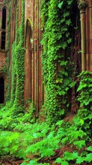 Ivy-covered ruins of old gothic building phone background