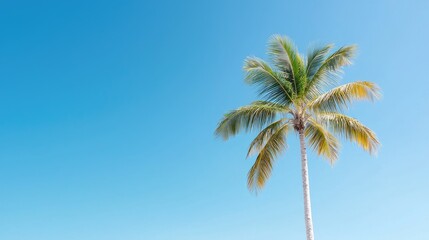 Fototapeta premium Tropical palm tree against clear blue sky; vacation postcard