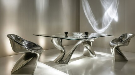 Modern dining area featuring sleek smart lighting and unique contemporary furniture in an elegant setting