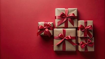 A Collection of Wrapped Presents with Crimson Ribbons on a Red Background