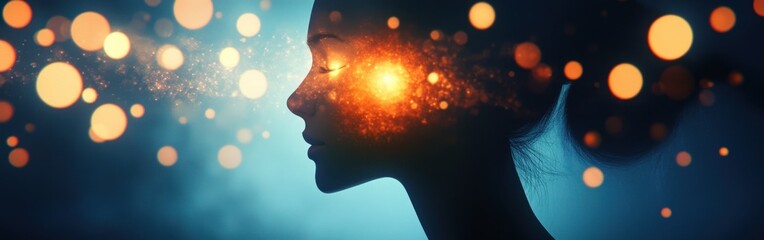 Glowing woman surrounded by ethereal lights in a serene setting, offering a moment of tranquility and reflection