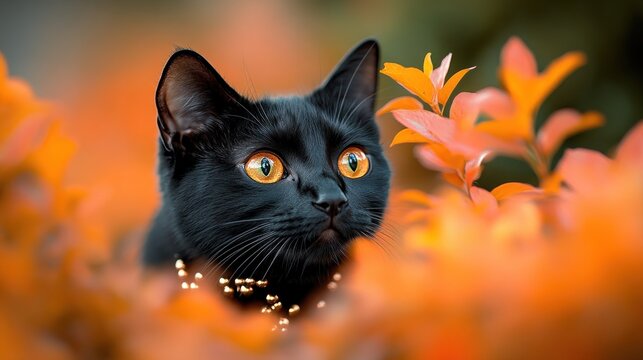 Black cat autumn garden alert nature pet