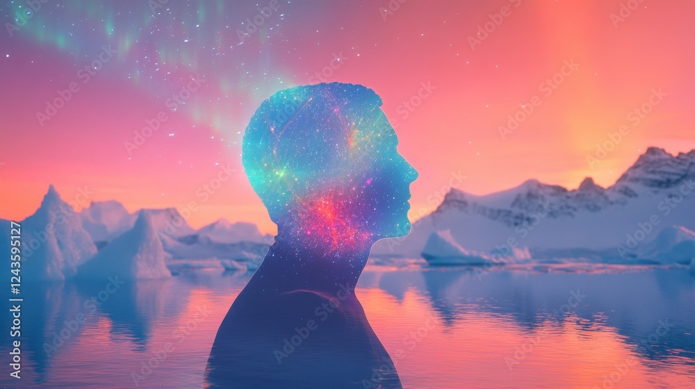 Aufkleber man glowing with cosmic energy amidst icy mountains during twilight, symbolizing exploration of inne