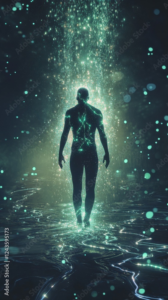 Poster Man glowing in ethereal light standing in serene waters with particles illuminating the dark surroundings
