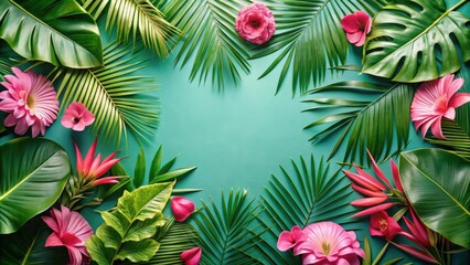 Vibrant Tropical Floral Frame with Lush Greenery on Teal Background